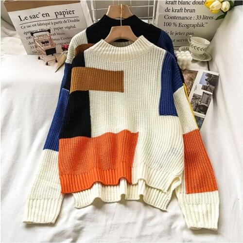 Knitted Sweaters Pullovers O-neck Long Sleeve Patchwork Casual Women Tops Sping & Autumn Pull Femme Jersey Mujer