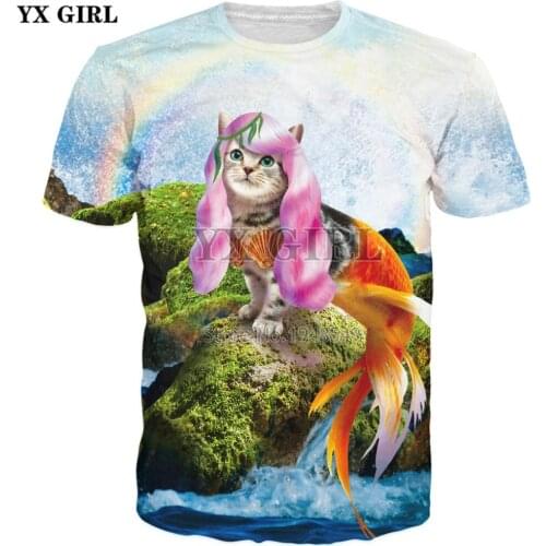 YX GIRL Drop shipping 2019 New summer 3d Fashion Purrmaid T-Shirt cute cat Printed Men Women t shirt Harajuku Casual tops