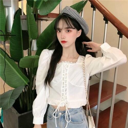 Women Blouse Autumn Short Lace-up Square Collar Long Sleeve Shirt Top Womens Clothing Blusas Ropa De Mujer