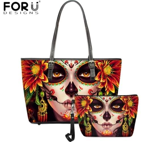 FORUDESIGNS The Day of The Dead Design Women Handbags Gothic Girl 3D Print Female 2pcs/set Shoulder Bags Leisure Top-handle Bag