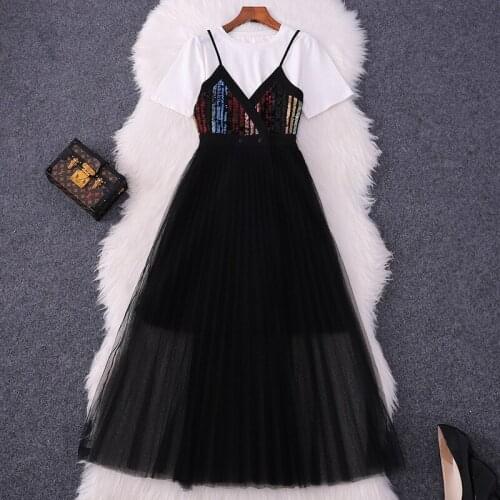 2021 Summer Womens Fashion Suit Short Sleeve T-shirt Stitching Denim Straps Tulle Dress Two-Piece Set 50940