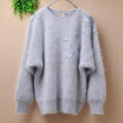 Ladies women vintage fall winter beaded embroidery angora rabbit hair long batwing sleeve loose pullover mink jumper sweater top