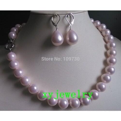Free Shipping Jewelry 00802 beautiful 12mm light pink sea shell pearl necklace 18 inch & dangle earring set (A0428)