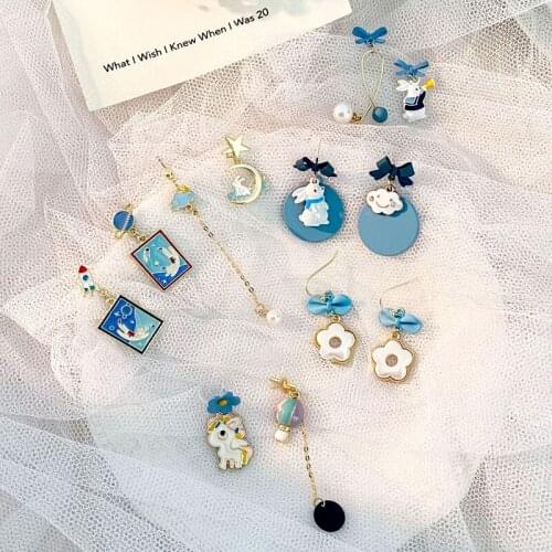 Elegant Cool Blue Earrings Cartoon Rabbit Universe Planet Retro Bow Drop Ear Jewelry For Women Girl Lady Good Gift