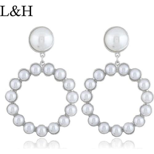 L&H 2018 New femmes Earrings Hollow Round Alloy simulated pearl Drop Dangle Earrings For Women Charm Statement Fashion Jewelry