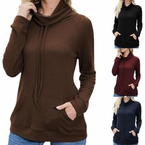 New Autumn Womens Pullover hoodies Solid Long Sleeve Waffle Turtleneck Top Casual Pocket Warm Knitwear