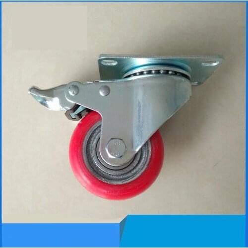 Quality Casters 3-inch Iron Core Pu Universal Wheel With Brake Medium Red Round Rubber Coated Game Machine Caster