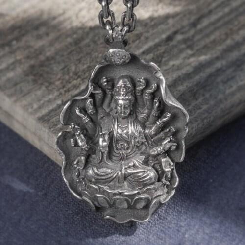 Solid 999 Sterling Silver handmade Avalokitesvara Buddha mens women pendant Charm jewelry A5670
