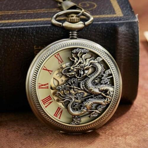 Vintage Hollow Dragon Phoenix Mechanical Pocket Watch Chains Mens Golden Skeleton Mechanical Hnd-Winding Fob Watch Steampunk