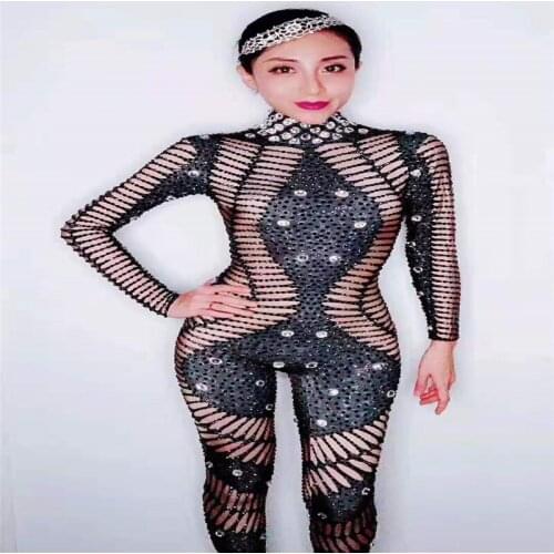 Y60 Female black sequin bodysuit sexy printed diamonds jumpsuit singer perform dress outfit party wear rhinestone clothe dance