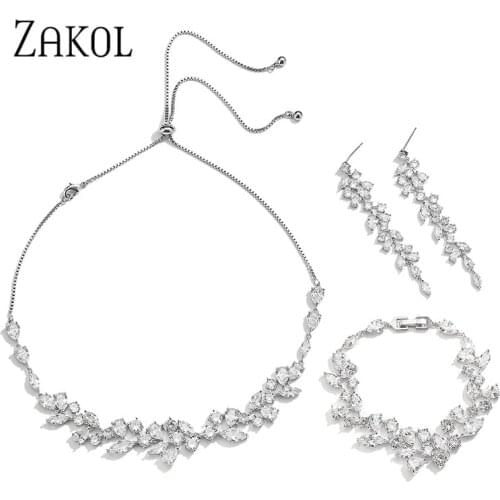 ZAKOL Luxury Brilliant Cubic Zircon Leaf Adjustable Necklaces Errings and Bracelet Set for Women Fashion Bridal Wedding Jewelry
