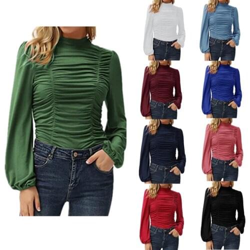 2021 Autumn Winter Long Puff Sleeve Tops Women Folds Slim Black White Shirts Fashion Elegant Mulberry Silk Office Lady Blouses