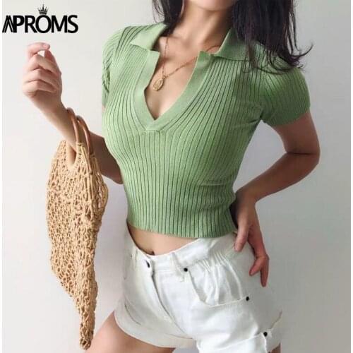 Aproms Fashion Basic Cropped T Shirt Women Casual Turndown Collar Knitted T-shirt Vintage Green Crop Top Female Tshirt 2020