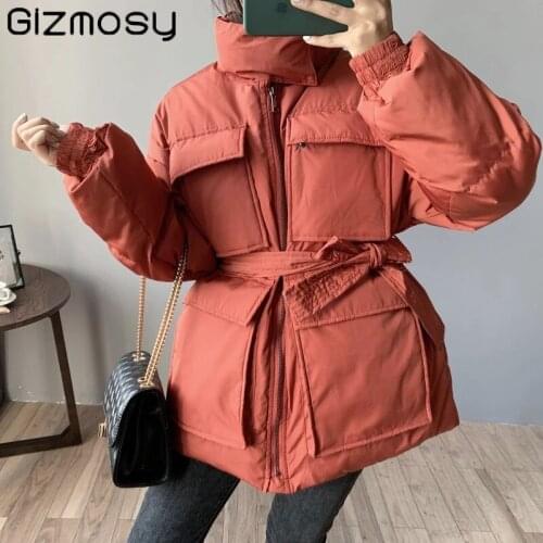 Gizmosy 2021 Women Winter Coat Long Sleeve Loose Style Thick Women Warm Jacket Coat With Belt High Quality Warm Female Jacket