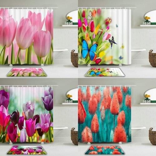 2Pcs/Set Beautiful Colorful Flowers Tulip Printed Shower Curtain Set Non-slip Bath Mat Waterproof Bathroom Curtains Decoration