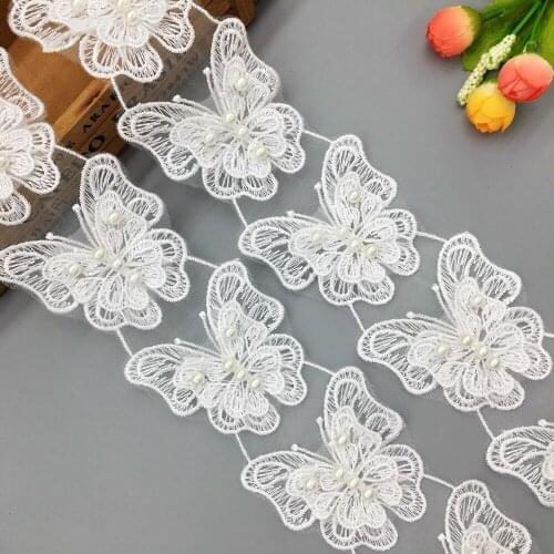 2 Yard Vintage White Butterfly Pearl Beaded Lace Trim Fabric Ribbon Embroidered Dantel Applique Sewing Craft Wedding Dress