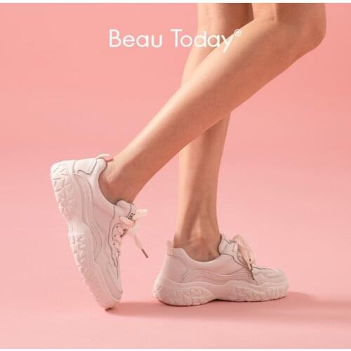 BeauToday White Sneakers Women Synthetic Leather Lace Up Round Toe Casual Shoes Chunky Sole Ladies Flats Handmade 29556