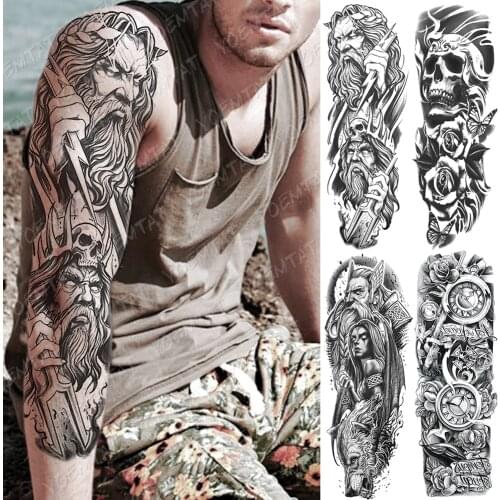 Large Arm Sleeve Tattoo God Zeus Poseidon Waterproof Temporary Tatto Sticker Lightning Skull Body Art Full Fake Tatoo Women Men