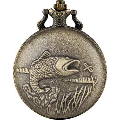 Bronze Big Fishing Theme Quartz Pocket Watch With Fishtail Pendant Necklace Fob Chain Clock Watch Men Women Gifts Reloj