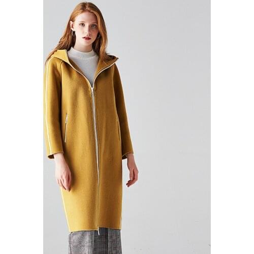 Long woolen blends cashmere coats for women 2019 autumn winter casual ladies jackets plus size high quality yellow hooded