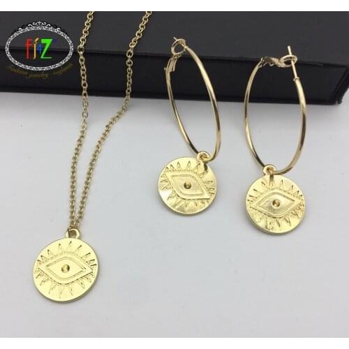 F.J4Z New Hot On Ins Eye Coin Necklace Pendant Fashion Vintage Alloy Turkey Evil Eye Round Pendant jewelry goz kolye