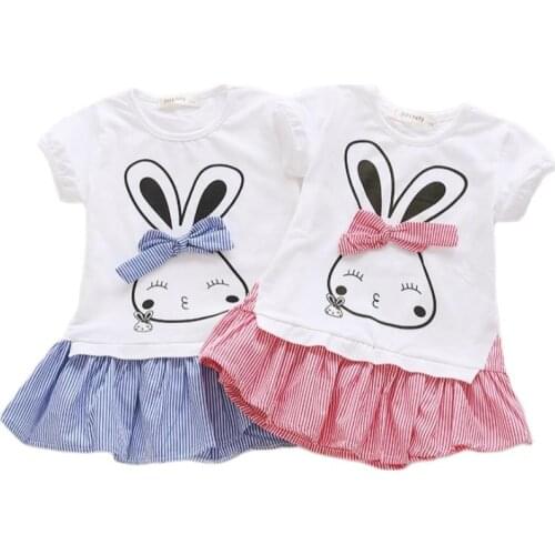 Spring summer Cotton Dress for 3-7Years Girls 2021Short sleeve Stripe Children Princess Dress Girl Cute Cartoon Denim Dress