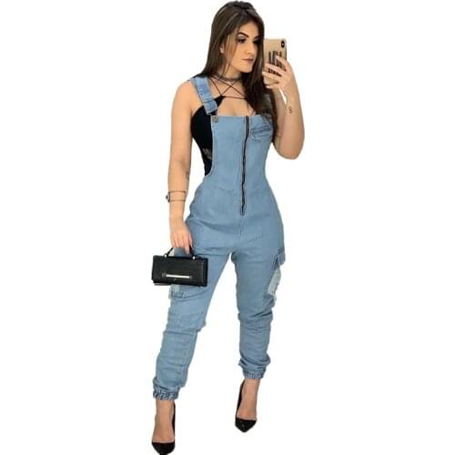 Sexy Zipper Denim Jumpsuit 2020 Women Slim Straps Jumpsuit Bodysuit With Pockets Jumpsuit Straps Trousers Jumpsuit
