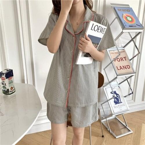 Summer New Soft Couples Women/men Pajamas Set Short Sleeve Striped Home Suit Blouse Pijamas Shorts 2 Piece Set Home Clothes