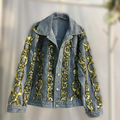 Autumn Streetwear Coat Female Denim Harajuku Jacket Women Turn Down Collar Loose Jeans Sequins Jacket Women Clothes Jean Jackets