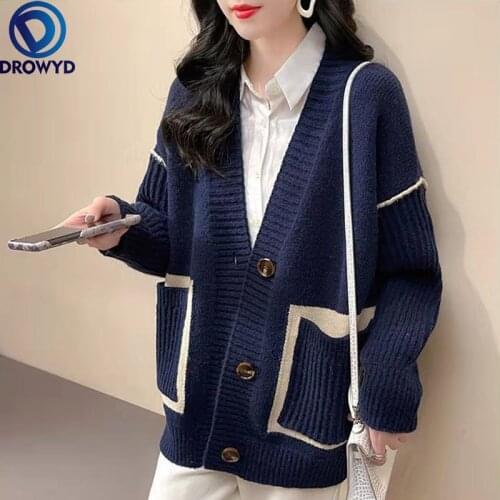 Fashion V-neck Short Knitted Sweater 2021 New Korean Version of Lazy Wind Wild Loose Sweater Cardigan Womens Jacket Coat Trend