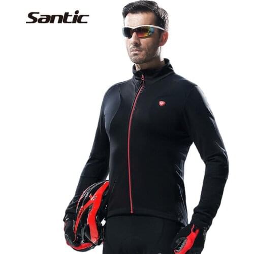 Santic Mens Winter Cycling Jersey Jacket Bike Winter Fleece Thermal Cycling Clothes Windproof Black Warm Cycling Jacket