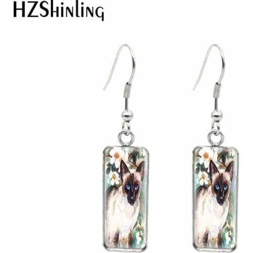 2021 New Siamese Cat Rectangular Earring Lovely Cats Painting Fish Hook Earrings Glass Cabochon Handmade Jewelry