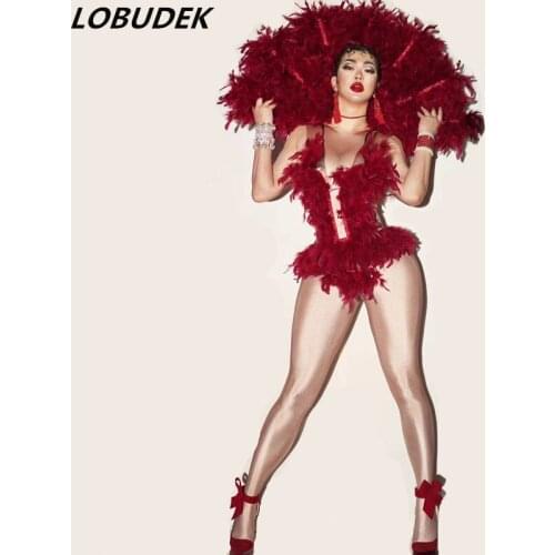 New Red Feathers Sleeveless Bodysuit Women DJ Singer Bar Sexy Costume Club Party Dancer Skinny Bodysuits Performance Clothes