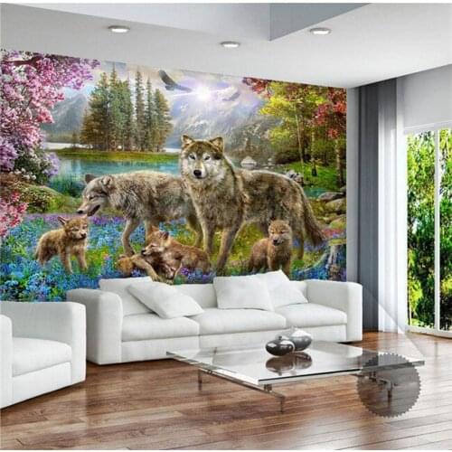 Custom Photo 3d wallpaper gray wolf dogs modern beautiful peach blossom TV backdrop wallpaper wall sticker mural