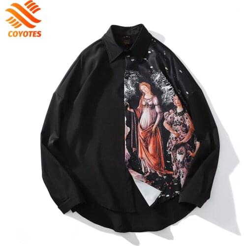COYOTES Long Sleeve Oversized Shirts Men Casual Shirt Women Loose Korean Harajuku Streetwear Couple Vintage Blouse