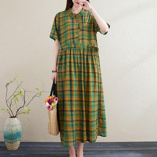 Edible Tree Fungus Fashion Women Dress Cotton Linen Plaid Slim Lady Summer Dress Holiday Travel Casual Chic Beach Long Dress