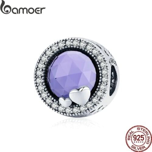 Bamoer 925 Sterling Silver Magic Round Beads Purple Gem Fairy Tale Love Heart CZ Charm Pendant for Bracelet Bangle DIY SCC1817