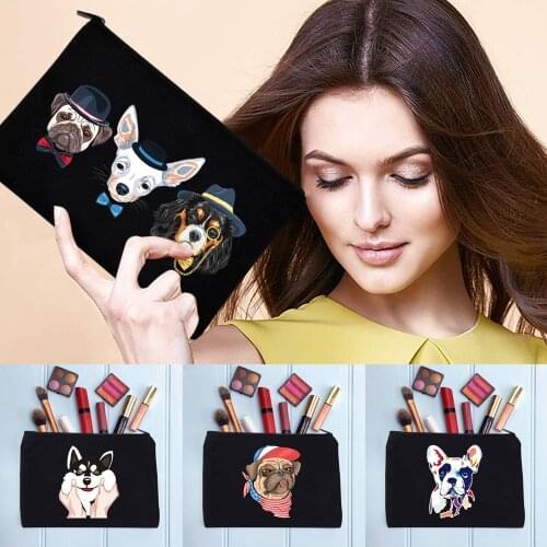 Makeup Bag Collapsible Dog Pattern Cosmetic Bag Female Handbags Black Womens Zipper Make-up Bags Pencil Cases