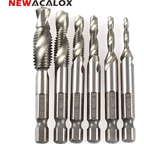 NEWACALOX M3 M4 M5 M6 M8 M10 Metric Composite Tap Drill Bit Tap 1/4'' Hex HSS High Speed Steel Thread Spiral Screw 6pcs/set