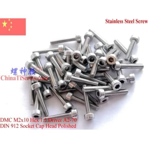 DIN 912 Stainless Steel M2 screws M2x10 Hex 1.5 Driver A2-70 Polished ROHS 100 pcs