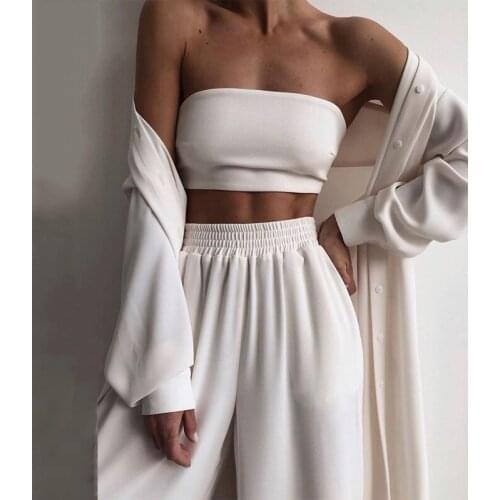 Women Long Sleeve Coat+vest+wide Leg Pants Sets Three Piece Fashion Single Breasted Long Outwear Suits Female Loose Casual Set