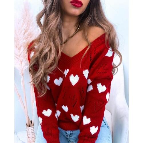 Red Lovely Pattern Knitting Women Casual V Neck Strapless Hollow Ladies Sexy Sweater Loose Korean Fashion Tops Winter Pullover