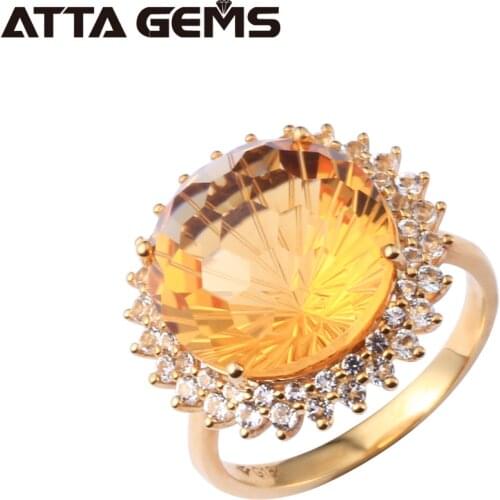 Natural Citrine Real 18K Gold Diamond Ring Round 13mm Clean Citrine 18K Yellow Gold Gemstone Women Wedding Ring Firework Cutting