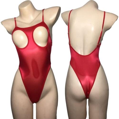 Women Sexy Lingerie Silky Glossy Cupless Open Breast Open Crotch Stretchy High Cut Thong Leotard Bodysuit Erotic Swimsuit