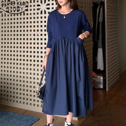 Plus Size Dress XL-5XL Women Cotton Dresses 20201 Autumn Round Neck Long Sleeve Pocket Fake Two-piece Loose Dress Robe 13345