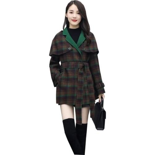 Winter Womens New Style Korean Plaid Jacket Slim Warm Woolen Coat Women Temperament All-match Long Sleeve Woolen Coat Outerwear