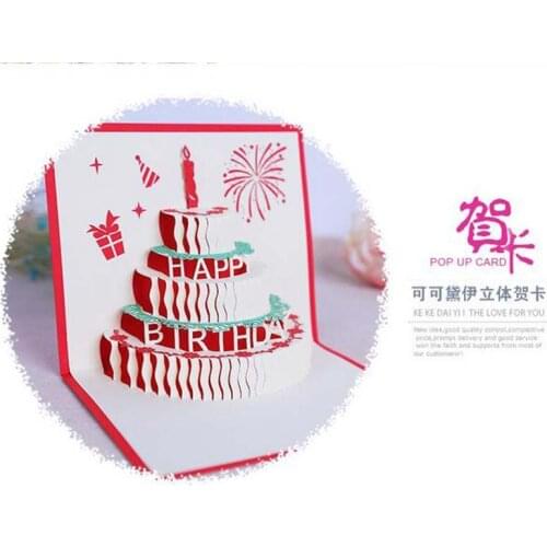 10Pcs/Lot Red Colors Birthday cake 3D paper carving blessing greeting card creative birthday three - dimensional card wholesale