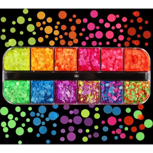 12 Grids Fluorescence Round Nail Art Glitter Flakes Colourful Sequins UV Gel Polish Manicure Neon Bubble Nail Art Decorations