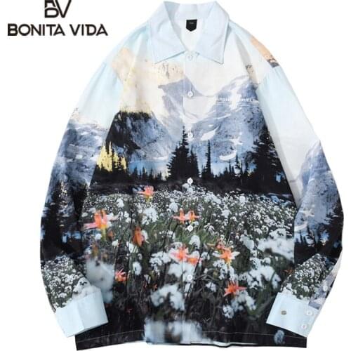 Bonita Vida Mountain Flowers Landscape Print Long Sleeve Hawaiian Beach Shirts Streetwear Mens Harajuku Casual Blouse Shirt Tops