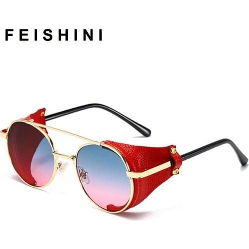 FEISHINI 2020 Metal Steampunk Sunglasses Women Round Retro Fashion Gradient Glasses Brand Designer Frame Vintage Sunglasses Men